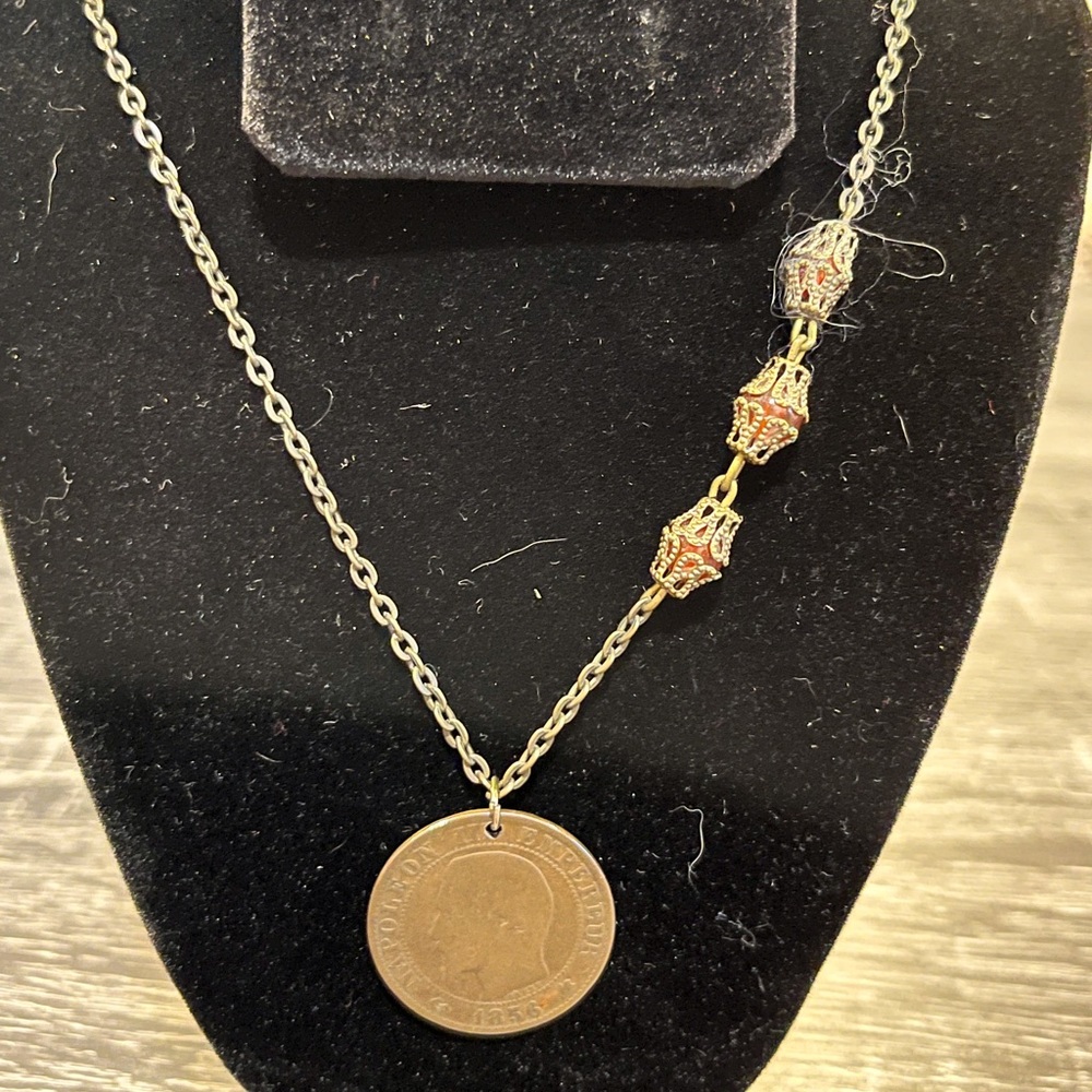 19” Napoleon III coin necklace.  Brass and carnelian.